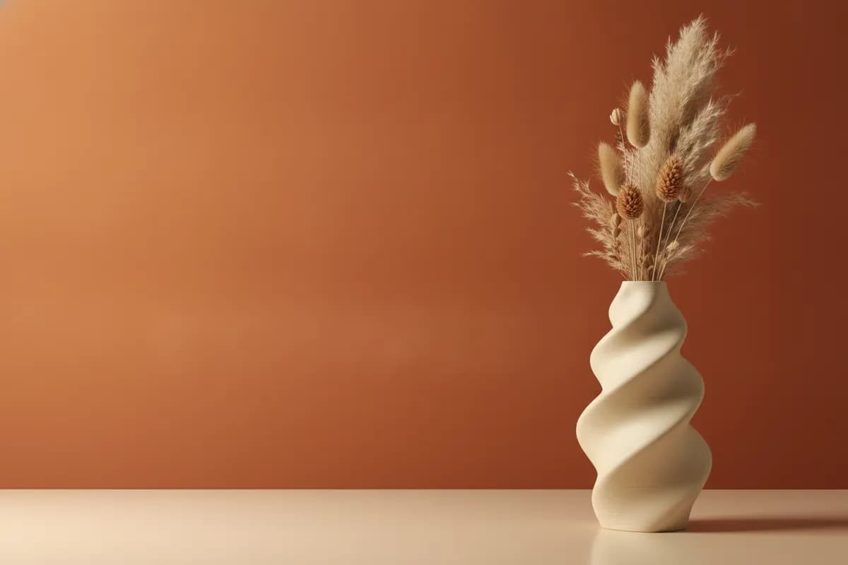 Vaso em espiral cor de creme impresso em 3D, com flores secas, sobre fundo cor de laranja.