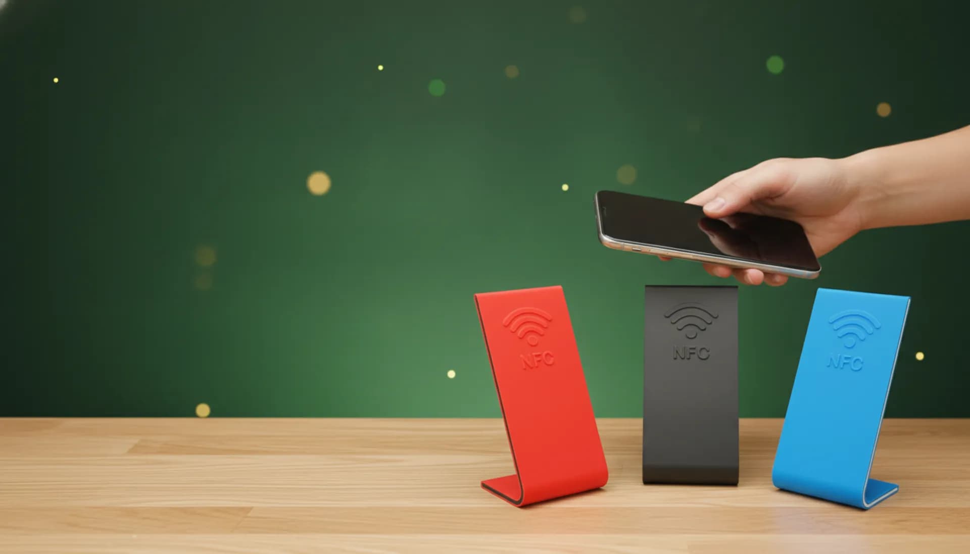 Três suportes NFC impressos em 3D, vermelho, cinzento e azul, num balcão de café, com uma mão a aproximar o telemóvel.